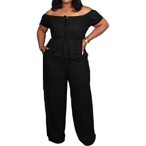 Womens Plus Size 2 Piece Outfits Sexy Off Shoulder Ruffle Short Sleeve Peplum Top Wide Leg Pant Suits Sets Party Outfit in Saudi Arabia