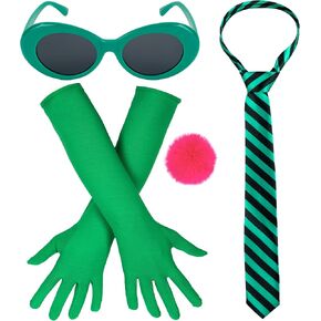 4 Pcs Halloween Costume Accessories Stripe Tie Green Sunglasses Long Gloves Pink Pom Pom Balls Pin Cosplay Party in Saudi Arabia