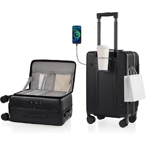21IN Carry On Luggage معتمد من شركة الطيران - حقيبة من الألومنيوم ذات فتحة علوية صلبة 100٪ من الكمبيوتر الشخصي - مع قفل TSA، حامل أكواب، شاحن USB، خطاف جانبي، عجلات دوارة 360 درجة - أزرق داكن in Kuwait