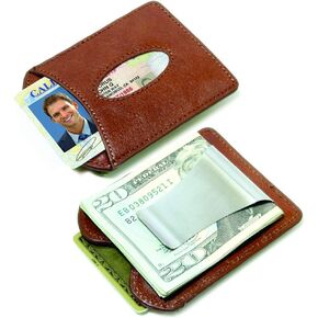 حامل بطاقات جلدية بمشبك نقود ذكي من Storus | محفظة جيب نحيفة وبسيطة | ستانلس ستيل + ​​جلد إيطالي فاخر | كونياك براون | للرجال والنساء والطلاب والهدايا in Kuwait