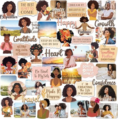 ملصقات لوازم لوحة الرؤية - 50 قطعة من ملصقات مخطط تحفيزي للسفر للفتيات السود للبالغين والنساء والفتيات، هدية لطيفة للحفلات الملهمة لسجل القصاصات وزجاجة مياه in Kuwait