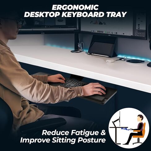 Ergonomic Keyboard Tray Under Desk，Large Size Keypad Tray Holder， 360° Adjustable Slide Out Keyboard Tray Under Desk with Mouse Pad & Wrist Rest， Suitable for Office/Game/Home in Kuwait