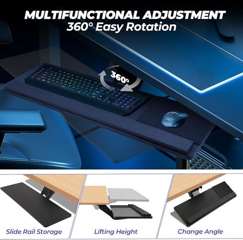 Ergonomic Keyboard Tray Under Desk，Large Size Keypad Tray Holder， 360° Adjustable Slide Out Keyboard Tray Under Desk with Mouse Pad & Wrist Rest， Suitable for Office/Game/Home in Kuwait