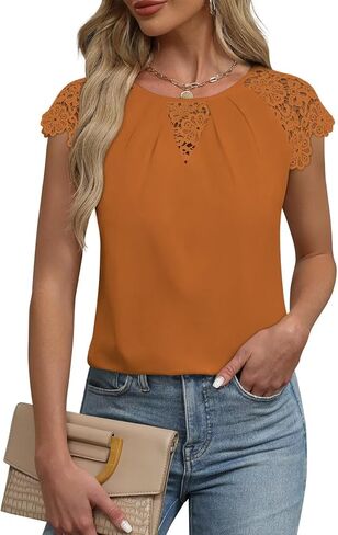 Womens Summer Tops Casual Lace Short Sleeve Blouses Crewneck Cute Flowy Babydoll Bohemian Trendy Tunic Shirts in Saudi Arabia