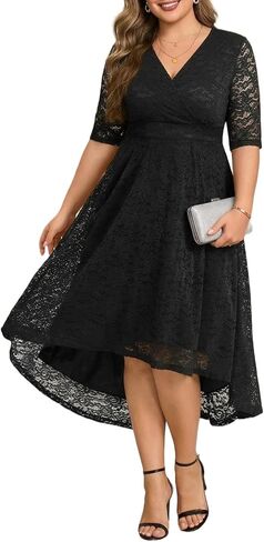 فستان ضيوف حفل زفاف مقاس كبير - فساتين ماكسي للحفلات بأكمام قصيرة وأكمام قصيرة لحفلات الكوكتيل من الدانتيل الرسمي ورقبة على شكل حرف V in Kuwait