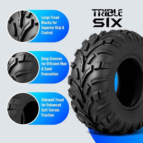 إطارات TRIBLE SIX مقاس 25x11-12 ATV UTV، 6 إطارات PR لجميع التضاريس مقاس 25x11x12 لمسار الطين الرملي، مداس اتجاهي، بدون أنابيب (عبوة من قطعتين) in Kuwait