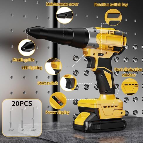 مسدس برشام كهربائي متوافق مع بطارية ديوالت 20 فولت، أداة برشام لاسلكية مع 3 مقاسات (1/8 بوصة، 5/32 بوصة، 3/16 بوصة)، مجموعة مسدس برشام بدون فرش (بدون بطارية) للإصلاح التلقائي بنفسك in Kuwait