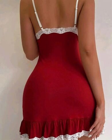 Women's Lace Trim Lingerie Set, Sleeveless V-Neck Adjustable Sleepwear, Elegant Red Lingerie Dress in Saudi Arabia