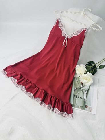 Women's Lace Trim Lingerie Set, Sleeveless V-Neck Adjustable Sleepwear, Elegant Red Lingerie Dress in Saudi Arabia