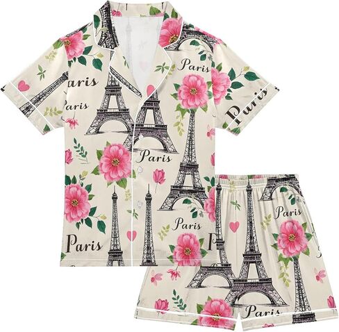 ALAZA Paris Eiffel Tower Blossom Flower Satin Pajamas Set Short Sleeve Button Down Sleepwear Summer Pjs 2 Piece in Saudi Arabia