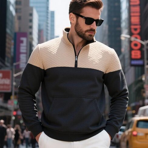 Men's Quarter Zip Pullover - Color Block Quilted Stand Collar Long Sleeve Sweatshirt with Pocket in Saudi Arabia