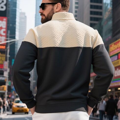 Men's Quarter Zip Pullover - Color Block Quilted Stand Collar Long Sleeve Sweatshirt with Pocket in Saudi Arabia