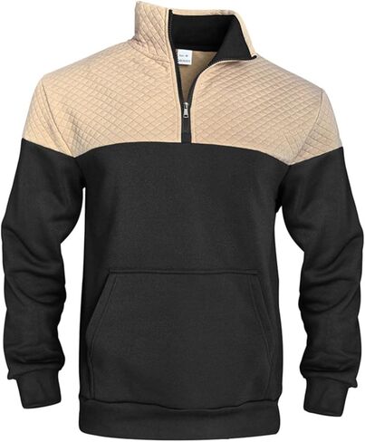 Men's Quarter Zip Pullover - Color Block Quilted Stand Collar Long Sleeve Sweatshirt with Pocket in Saudi Arabia