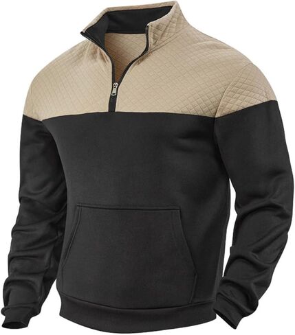 Men's Quarter Zip Pullover - Color Block Quilted Stand Collar Long Sleeve Sweatshirt with Pocket in Saudi Arabia