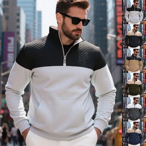 Men's Quarter Zip Pullover - Color Block Quilted Stand Collar Long Sleeve Sweatshirt with Pocket in Saudi Arabia
