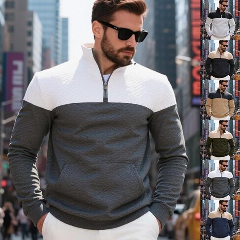 Men's Quarter Zip Pullover - Color Block Quilted Stand Collar Long Sleeve Sweatshirt with Pocket in Saudi Arabia