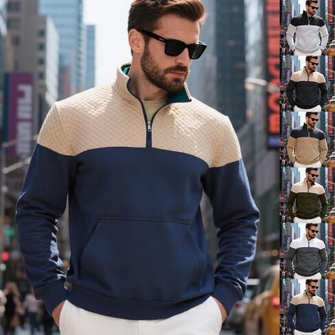 Men's Quarter Zip Pullover - Color Block Quilted Stand Collar Long Sleeve Sweatshirt with Pocket in Saudi Arabia