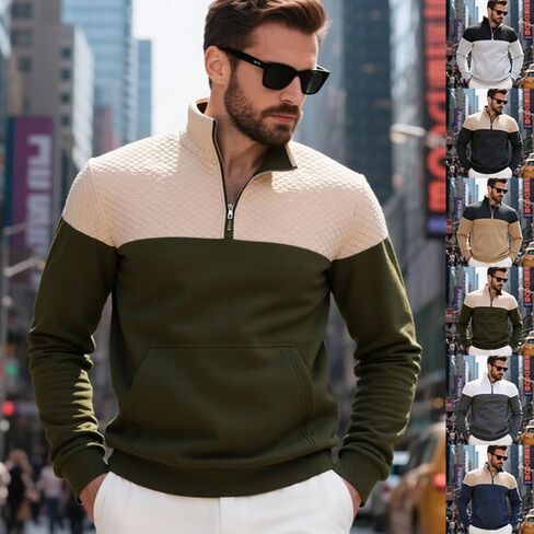 Men's Quarter Zip Pullover - Color Block Quilted Stand Collar Long Sleeve Sweatshirt with Pocket in Saudi Arabia