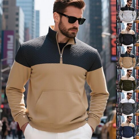 Men's Quarter Zip Pullover - Color Block Quilted Stand Collar Long Sleeve Sweatshirt with Pocket in Saudi Arabia