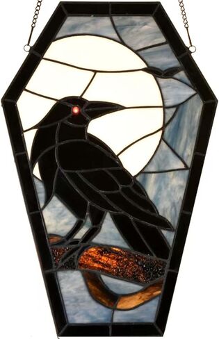 Bieye W12001 Gothic Raven Stained Glass Window Panel, Tiffany Style Hanging Suncatcher for Halloween Decor (Dark Blue, 16" H Coffin-shaped) in Saudi Arabia