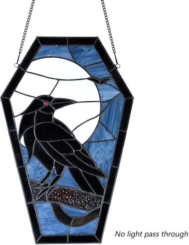 Bieye W12001 Gothic Raven Stained Glass Window Panel, Tiffany Style Hanging Suncatcher for Halloween Decor (Dark Blue, 16" H Coffin-shaped) in Saudi Arabia