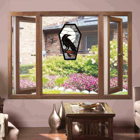 Bieye W12001 Gothic Raven Stained Glass Window Panel, Tiffany Style Hanging Suncatcher for Halloween Decor (Dark Blue, 16" H Coffin-shaped) in Saudi Arabia