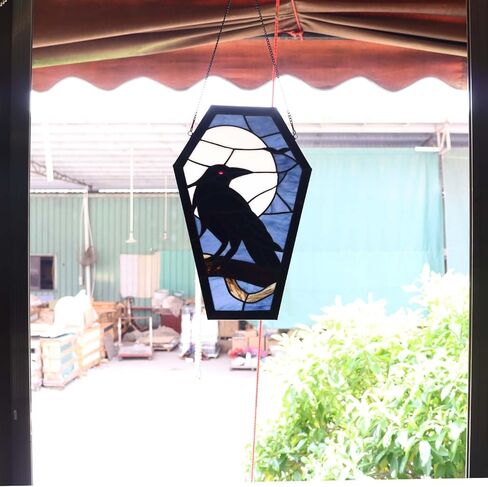 Bieye W12001 Gothic Raven Stained Glass Window Panel, Tiffany Style Hanging Suncatcher for Halloween Decor (Dark Blue, 16" H Coffin-shaped) in Saudi Arabia