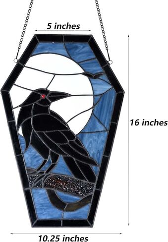 Bieye W12001 Gothic Raven Stained Glass Window Panel, Tiffany Style Hanging Suncatcher for Halloween Decor (Dark Blue, 16" H Coffin-shaped) in Saudi Arabia