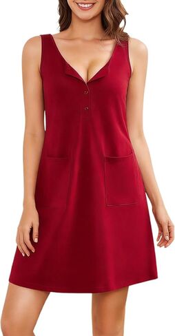 قمصان نوم بدون أكمام للنساء، ثوب نوم قطني، قمصان نوم هينلي، بدون أكمام، مع جيوب in Kuwait