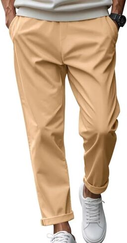 Men's Quick-Dry Relaxed-Fit Solid Casual Dress Pants with Elastic Waistband for Daily Wear in Saudi Arabia