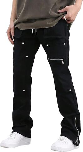 Men's Casual Grunge Baggy Sweatpants Hiking Stacked Flared Cargo Work Pants Studded Trousers in Saudi Arabia