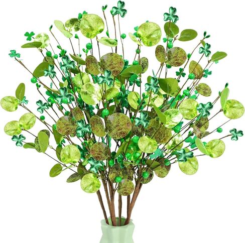 6 قطع من كريسينج ديكورات يوم القديس باتريك مقاس 60.96 سم سيقان توت شامروك لامعة من زهور النفل مع أوراق الأوكالبتوس لترتيبات مزهرية طاولة المنزل والديكور الأيرلندي in Kuwait