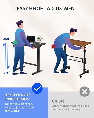 FLEXISPOT H7 Plus Gas Spring Adjustable Standing Desk, Mobile Rolling Sit-Stand Workstation with Whee, Cordless Stand Up Desk for Small Room & Home Office, 40" One-Piece Desktop White,height 27.6"–45" in Saudi Arabia