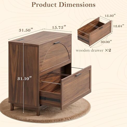 خزانة الملفات الجانبية ذات درجين مع محطة شحن للملفات المعلقة بحجم قانوني/حرف/A4، خزانات تخزين الملفات الكبيرة الحديثة المخددة، حامل الطابعة للمكتب المنزلي، خشب الجوز in Kuwait