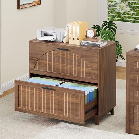 خزانة الملفات الجانبية ذات درجين مع محطة شحن للملفات المعلقة بحجم قانوني/حرف/A4، خزانات تخزين الملفات الكبيرة الحديثة المخددة، حامل الطابعة للمكتب المنزلي، خشب الجوز in Kuwait