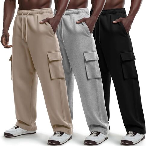 Neer 3 Pack Men's Cargo Sweatpants Wide Leg Track Pants Athletic Open Bottom Joggers Drawstring Lounge Pants with Pockets in Saudi Arabia