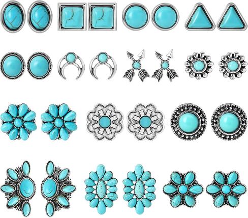 NEWITIN 14 Pairs Turquoise Stud Earrings for Women Hypoallergenic Earring ‌Turquoises Jewelry Gemstone Oval Round Flower Shape Square Studs Turquoise Earrings for Women in Saudi Arabia