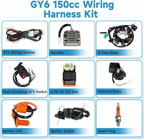 GY6 150cc المكربن ​​ومجموعة تسخير الأسلاك الكاملة متوافقة مع 125cc 150cc ATV Taotao 152QMI 157QMJ محرك Roketa Jonway Quad 4 Wheeler Scooter Moped Motorcycle Parts مع مرحل الملف اللولبي in Kuwait