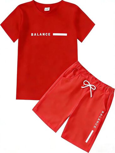 طقم صيفي للأولاد مكون من قطعتين تي شيرت بأكمام قصيرة وطبعة حروف رائعة وشورت بخصر مطاطي مقاس 5-10 سنوات in Kuwait