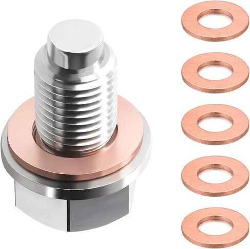 M12×1.25 Magnetic Oil Drain Plug, Aluminum Alloy Oil Pan Drain Plug with 5 Copper Crush Gaskets, Leak-Proof Sump Drain Nut Bolt Replacement for Cars Motorcycles Boats (M12×1.25) in Saudi Arabia