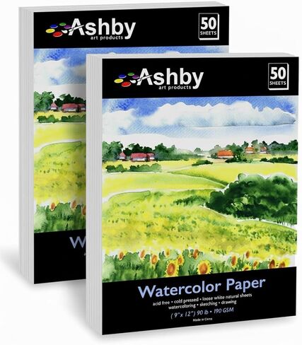 100 ورقة من ورق الألوان المائية من Ashby (9" x 12") - ثقيل (190GSM)، قطن 100%، خالي من الأحماض ومعصور على البارد. مثالية للرسم أو الرسم. مواد رطبة وجافة والمختلطة. بالك باك in Kuwait