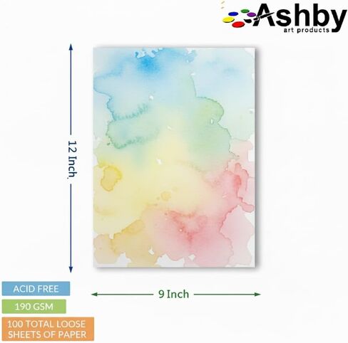 100 ورقة من ورق الألوان المائية من Ashby (9" x 12") - ثقيل (190GSM)، قطن 100%، خالي من الأحماض ومعصور على البارد. مثالية للرسم أو الرسم. مواد رطبة وجافة والمختلطة. بالك باك in Kuwait