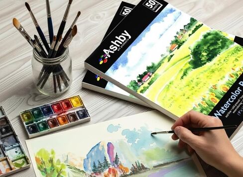 100 ورقة من ورق الألوان المائية من Ashby (9" x 12") - ثقيل (190GSM)، قطن 100%، خالي من الأحماض ومعصور على البارد. مثالية للرسم أو الرسم. مواد رطبة وجافة والمختلطة. بالك باك in Kuwait