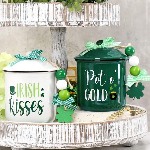 St. Patrick's Day Tiered Tray Decor Irish Kisses Ceramic Canister Irish Decor Bowl Candy Holder with Green Buffalo Plaid Bowknot Shamrock Home Farmhouse Table Centerpiece Decoration Supplies in Saudi Arabia