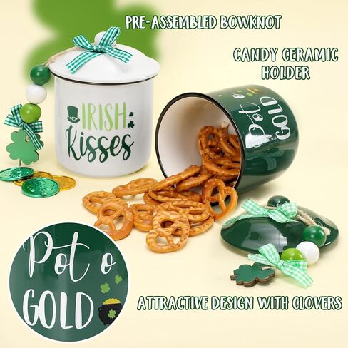 St. Patrick's Day Tiered Tray Decor Irish Kisses Ceramic Canister Irish Decor Bowl Candy Holder with Green Buffalo Plaid Bowknot Shamrock Home Farmhouse Table Centerpiece Decoration Supplies in Saudi Arabia