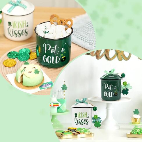 St. Patrick's Day Tiered Tray Decor Irish Kisses Ceramic Canister Irish Decor Bowl Candy Holder with Green Buffalo Plaid Bowknot Shamrock Home Farmhouse Table Centerpiece Decoration Supplies in Saudi Arabia