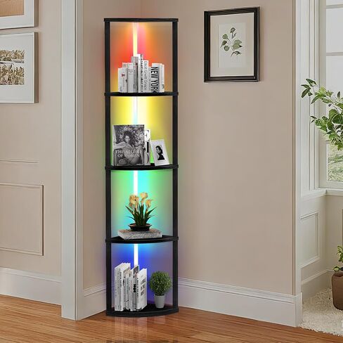 رف زاوية Sunexinlo مكون من 5 طبقات مع مصابيح LED، رف عرض طويل القامة 63 بوصة، رف كتب خشبي، مصباح أرضي قابل للتعتيم، رف تخزين لغرفة المعيشة وغرفة النوم وغرفة الألعاب in Kuwait