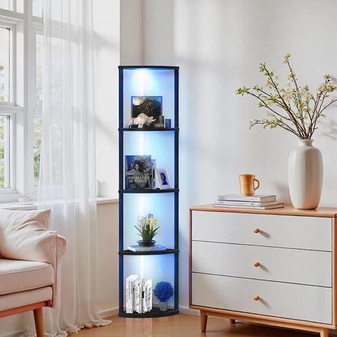 رف زاوية Sunexinlo مكون من 5 طبقات مع مصابيح LED، رف عرض طويل القامة 63 بوصة، رف كتب خشبي، مصباح أرضي قابل للتعتيم، رف تخزين لغرفة المعيشة وغرفة النوم وغرفة الألعاب in Kuwait