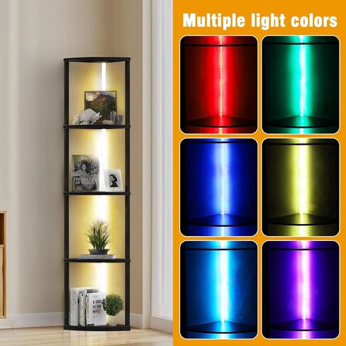 رف زاوية Sunexinlo مكون من 5 طبقات مع مصابيح LED، رف عرض طويل القامة 63 بوصة، رف كتب خشبي، مصباح أرضي قابل للتعتيم، رف تخزين لغرفة المعيشة وغرفة النوم وغرفة الألعاب in Kuwait