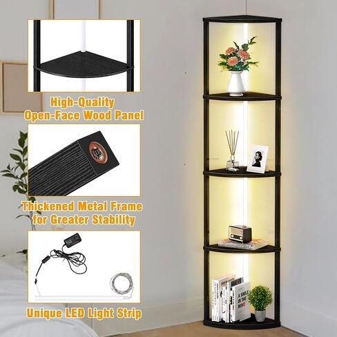 رف زاوية Sunexinlo مكون من 5 طبقات مع مصابيح LED، رف عرض طويل القامة 63 بوصة، رف كتب خشبي، مصباح أرضي قابل للتعتيم، رف تخزين لغرفة المعيشة وغرفة النوم وغرفة الألعاب in Kuwait